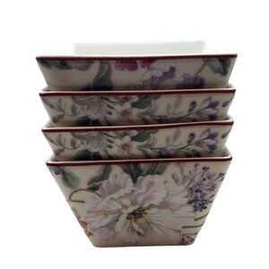 222 Fifth Gisela Porcelain Square Appetizer Soup Bowls Set Of 4 Floral Spring